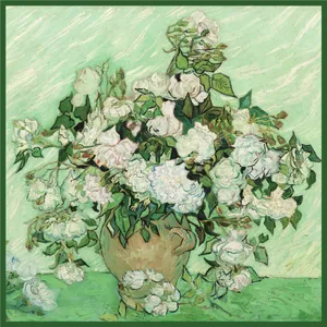 Van Gogh Roses 90x90cm white silk-like scarf with artistic floral oil painting print