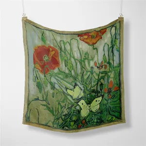 Artistic Van Gogh Butterflies and Poppies 55cm silk square scarf on white wall