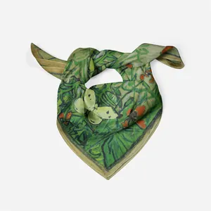 Artistic silk scarf with Van Gogh Butterfly and Poppies print in green and orange tones