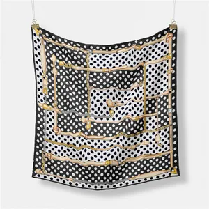 Chic black and white polka dot silk square scarf with chain and belt print design