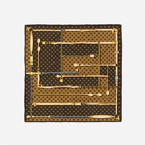 Retro square silk scarf with brown polka dots, leather belt print, and golden chain design
