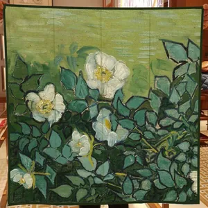 Van Gogh Wild Roses square silk scarf with green vintage floral oil painting pattern