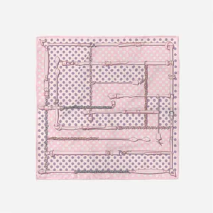 Pink square silk scarf featuring vintage chain and polka dot prints on a grey background