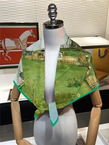 Van Gogh oil painting landscape silk scarf with green border on elegant white mannequin