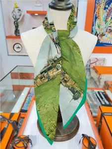 Classic Van Gogh oil painting silk scarf featuring a windmill landscape with green borders