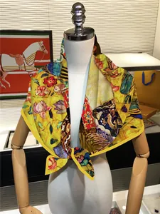 Van Gogh style art silk scarf with yellow floral print displayed on a dress form