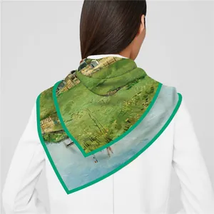 Detail of a Van Gogh landscape art print on a premium silk scarf with green rolled edges