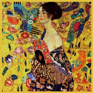 Artistic Van Gogh inspired silk scarf with vibrant floral and lady print patterns