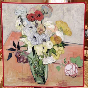 Seidenquadrat mit Van-Gogh-Ölgemälde-Blumendruck und markantem rotem Saumrand