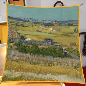 Sciarpa di seta vintage francese con stampa artistica del dipinto La Mietitura di Van Gogh