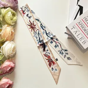 Anime French vintage narrow silk scarf with sun, bird, and butterfly prints for hair or bags