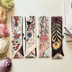 Women Elegant French Vintage Floral Satin Twilly Scarf Narrow Long Neck Scarf For Bag Handle Hair Tie Wrap Fashion Gift