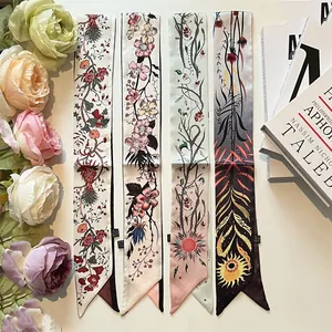 Elegant narrow silk twilly scarves with vintage floral patterns and French chic styling
