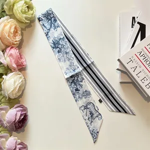 Elegant narrow scarf featuring double-sided tiger print and blue stripes for women