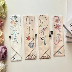 Ivory long silk twilly scarves with vintage hand-drawn mermaid and floral artistic patterns