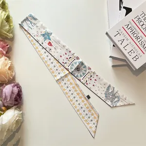 Foulard étroit polyvalent en soie avec motifs étoiles et lune pour cheveux et sacs