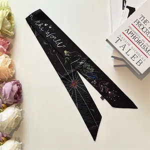 Artistic black twilly silk scarf with starry sky mermaid print and diagonal composition
