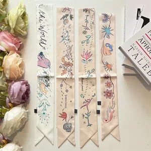 Set of four off-white and pink silk-feel twilly scarves with hand-drawn artistic illustrations