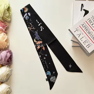 Elegant black silk twill ribbon scarf with mystic Paris prints and floral background