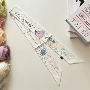 Elegant off-white faux silk twilly scarf with world map hand-drawn art patterns