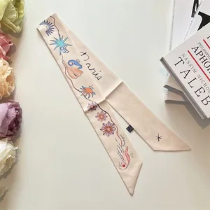 French style cream silk twilly scarf with sun and moon art and Paris script text