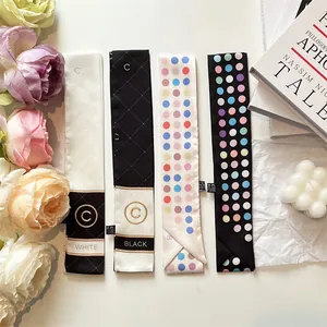 Elegant silk-like narrow skinny scarf set with polka dot and geometric patterns