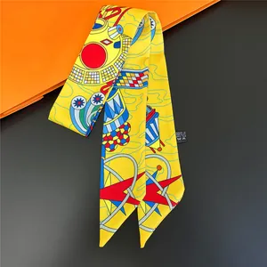 Elegant yellow skinny silk scarf with geometric print and classic orange brand background