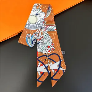 Elegant orange and brown nautical geometric silk twilly scarf for hair and bag styling