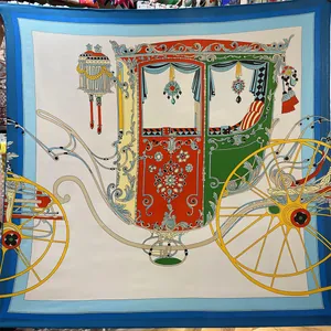 Vintage European Silk Wool Large Square Scarf For Women Luxury Classical Carriage Print Shawl Elegant Retro Silk Scarf Neck Wrap