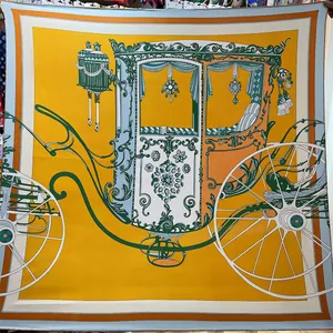 Elegant yellow square silk scarf featuring a classic vintage carriage design and hand-rolled edges