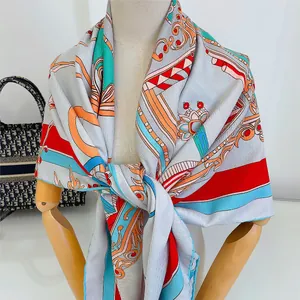 Elegant silk wool blend square scarf with vintage geometric horse harness print patterns