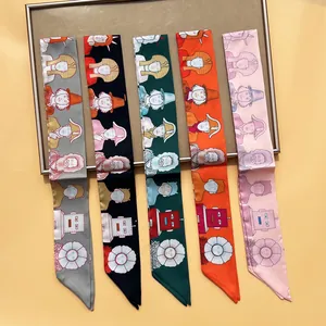 Women Cartoon Print Satin Skinny Scarf Artistic Twilly Handbag Handle Ribbon Fashion Silk-Like Neck Scarf Hair Band For Ladies