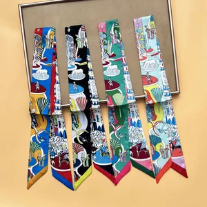 Elegant silk skinny scarves with artistic horse prints for hair or handbags