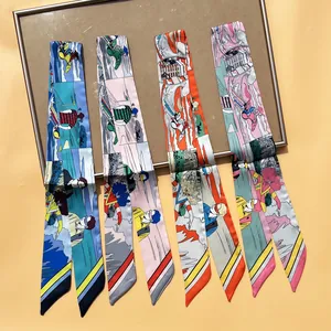 Sciarpe strette in seta con stampe artistiche multicolore per donna, accessorio per capelli