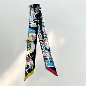 Elegant skinny silk scarf with vibrant landscape illustration on white background
