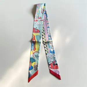 Artistic silk twilly scarf with colorful hand-drawn illustrations and elegant patterns