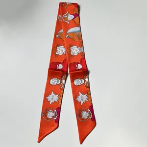 Orange silk twilly scarf with modern art illustrations and pointed ends for women