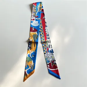 Elegant silk twilly scarf with horse and carriage illustration for bags or neck