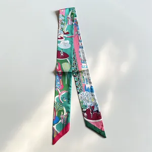 Silk neck scarf with emerald green equestrian illustration and elegant diagonal ends