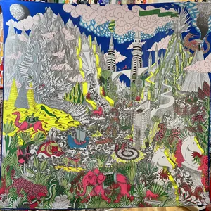 Luxe cashmere-feel winter scarf featuring vibrant surrealist mythical landscape art