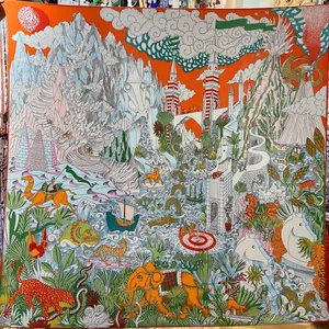Vibrant orange cashmere feel scarf with detailed landscape and mythical animal illustrations