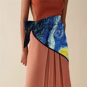 Close-up of The Starry Night print silk scarf used as a creative fashion waist belt