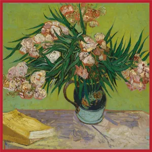 Luxurious green silk scarf featuring Van Gogh Oleanders print with a bold red border