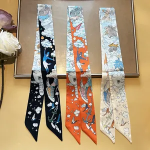 Artistic printed silk scarf set for handbag handles in navy blue, orange, and cream colors