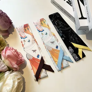 Elegante Twilly-Schals aus Kunstseide mit Schmetterlings- und Blumenmuster für Taschen