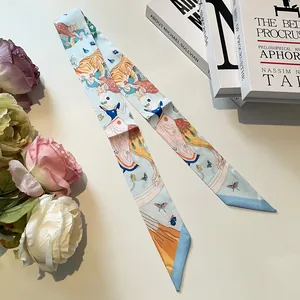 Eleganter blauer seidenähnlicher Twilly-Schal mit Illustration für Taschengriffe