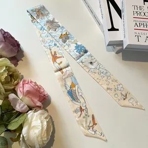 Elegant cream white silk twilly scarf with whimsical illustration and satin finish