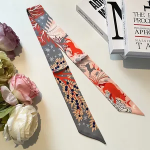 Artistic Maya jungle silk skinny scarf with forest animal illustrations and star motifs