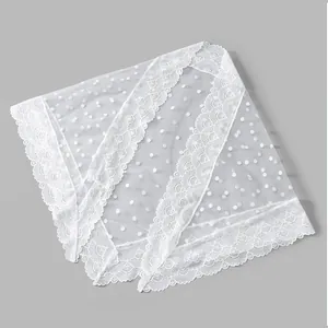 Elegant white lace shawl with floral embroidery and polka dot mesh for wedding accessories