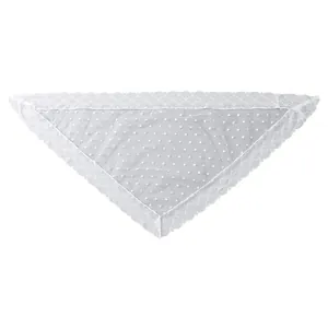 Elegant white lace triangle scarf with polka dot mesh and scalloped floral edges
